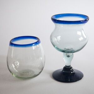 Set of 2 Mexican Recycled Hand Blown Blue Rim Wine Glasses